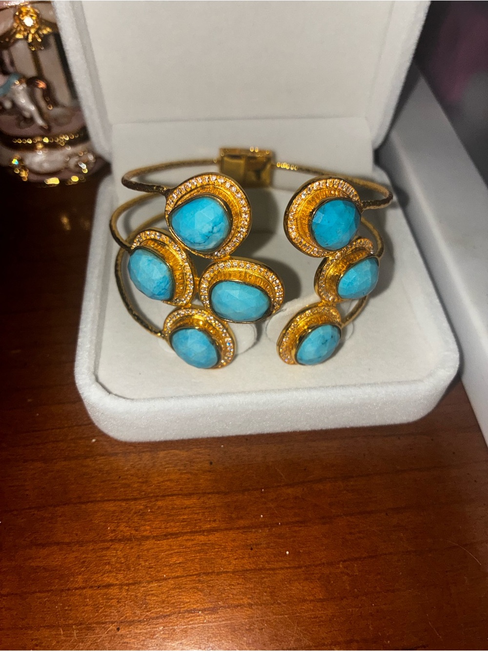 Bronze covered with 14k Gold- Turquoise Cabochon Multi-Row Cuff Bracelet